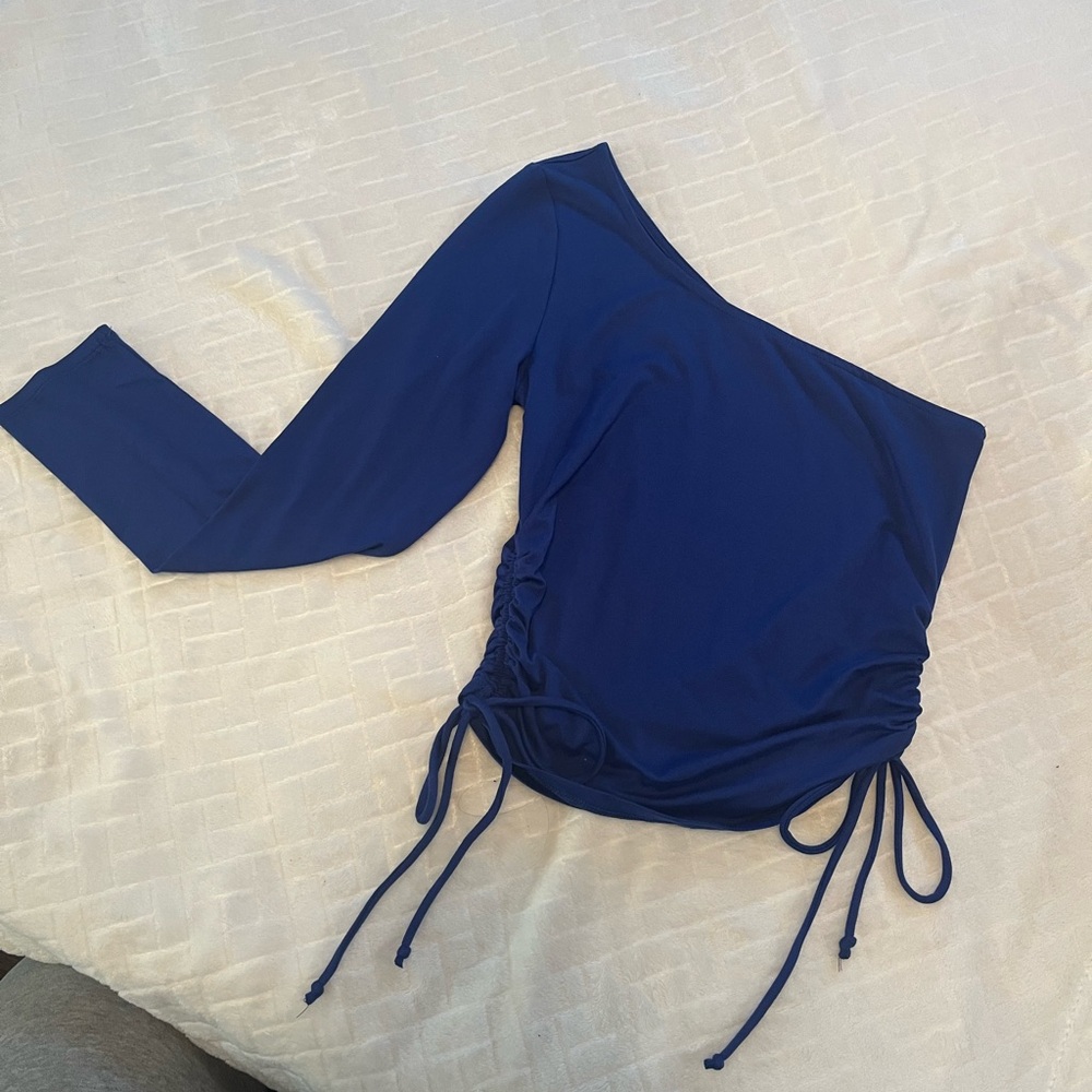 One-Shoulder Blue Top with Drawstring Detail